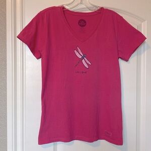 Womens XS Life is Good Tshirt, deep pink with dragonfly
